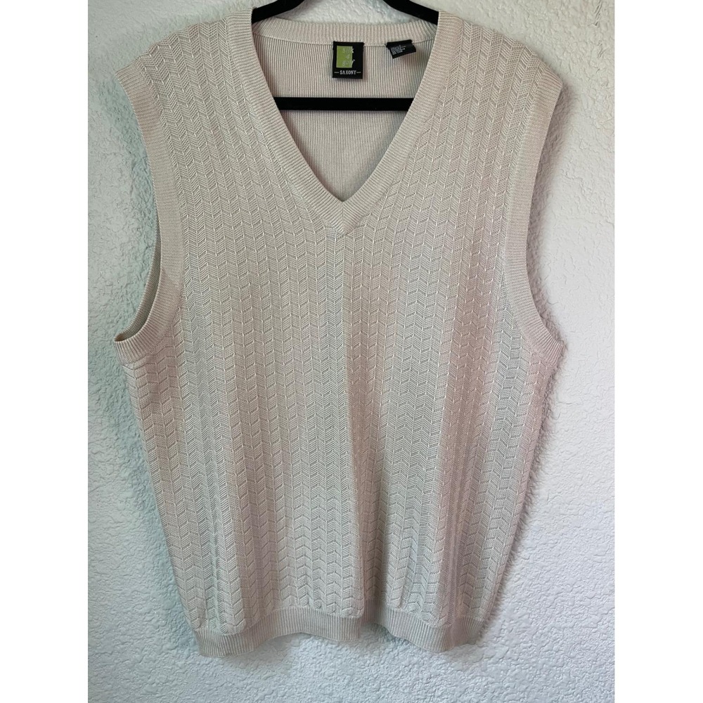 Vintage Y2K Saxony Silk 4 Golf Men's Sweater Vest L Beige‎ V Neck 100% Silk